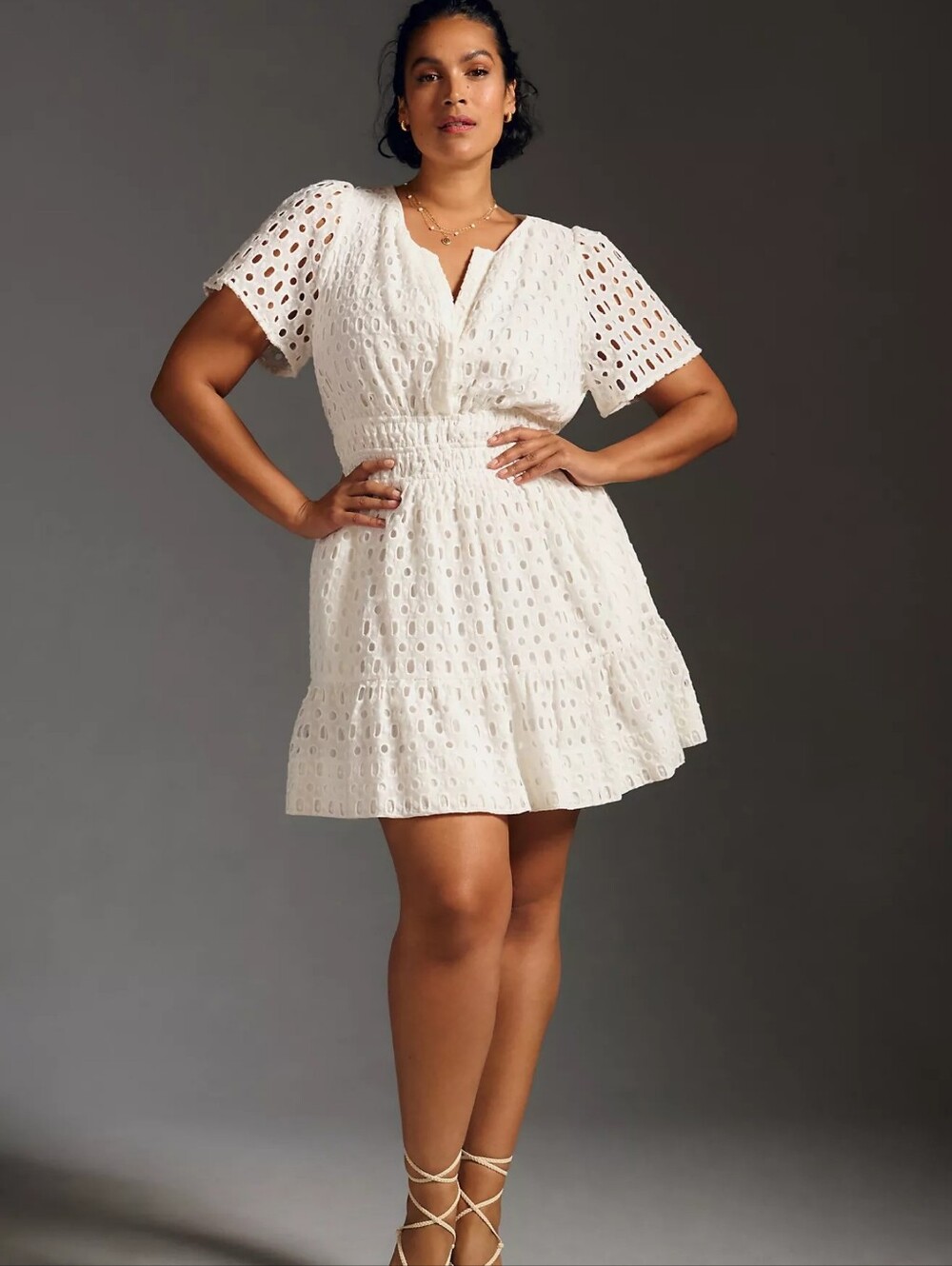 Anthropologie Women Somerset Eyelet Mini Dress 1X White Cotton Boho Romantic